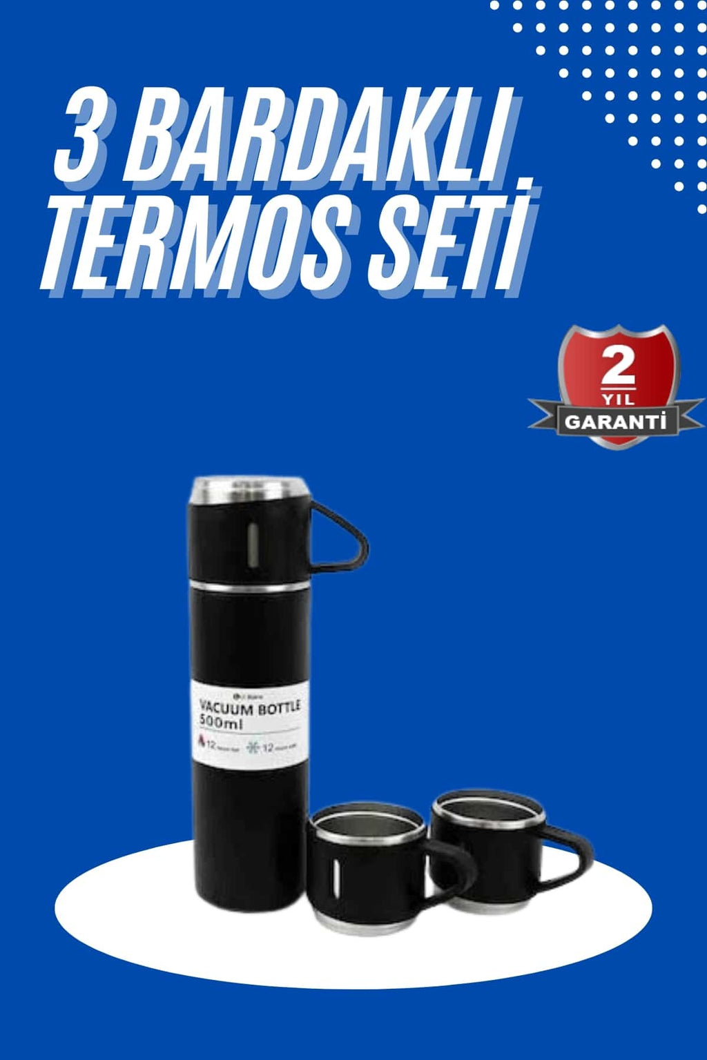 Termos Seti 3'lü Bardak Seti Isı Dayanıklı Siyah Paslanmaz Çelik Vakumlu - Lisinya