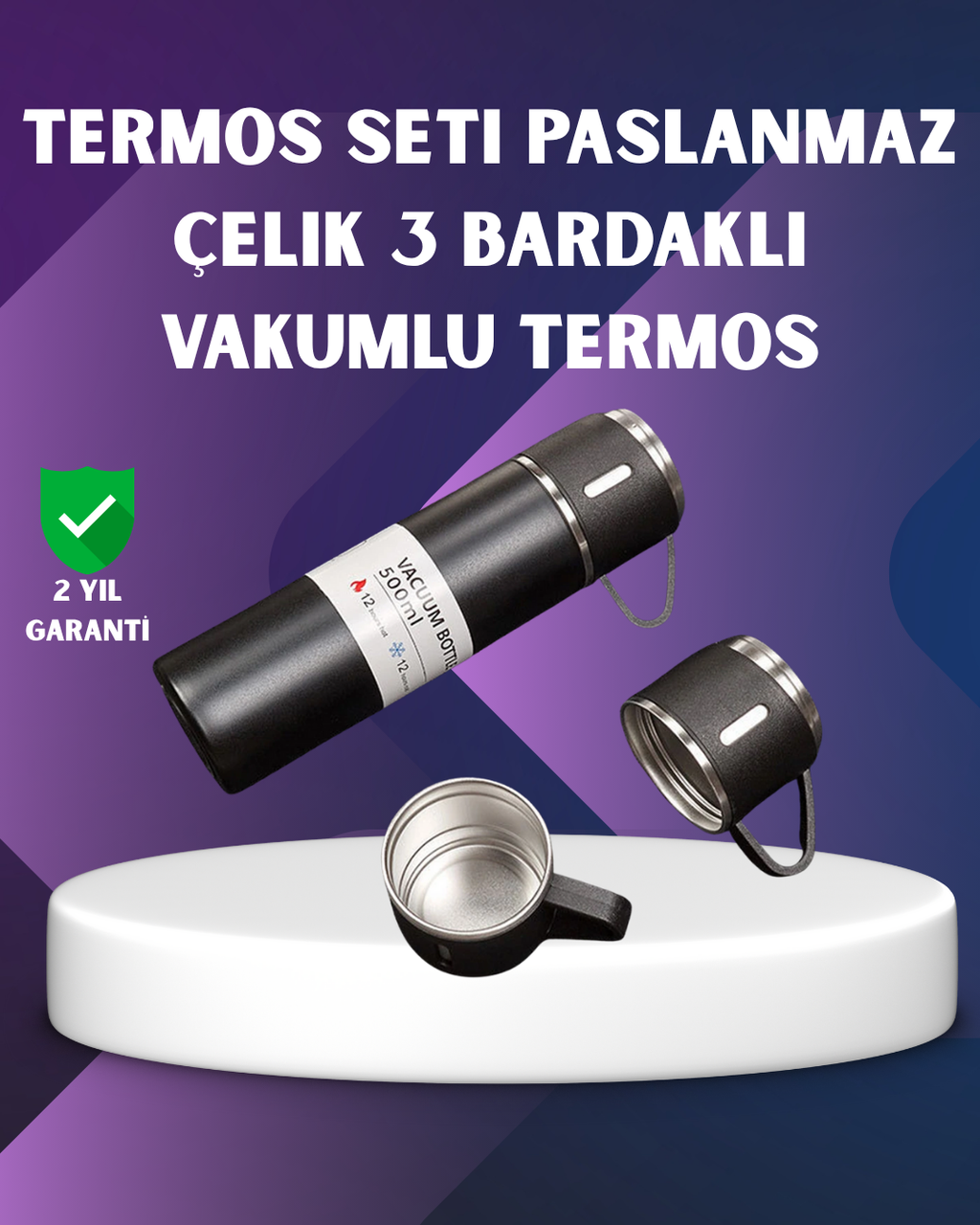 Paslanmaz Termos ve İkili Bardak Seti | 6-12 Saat Sıcak/Soğuk Tutma - Lisinya