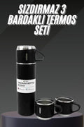Termos Seti Paslanmaz Çelik 3 Bardaklı Vakumlu Termos Set 500 Ml 12 Saate Kadar Isı Koruma - Lisinya