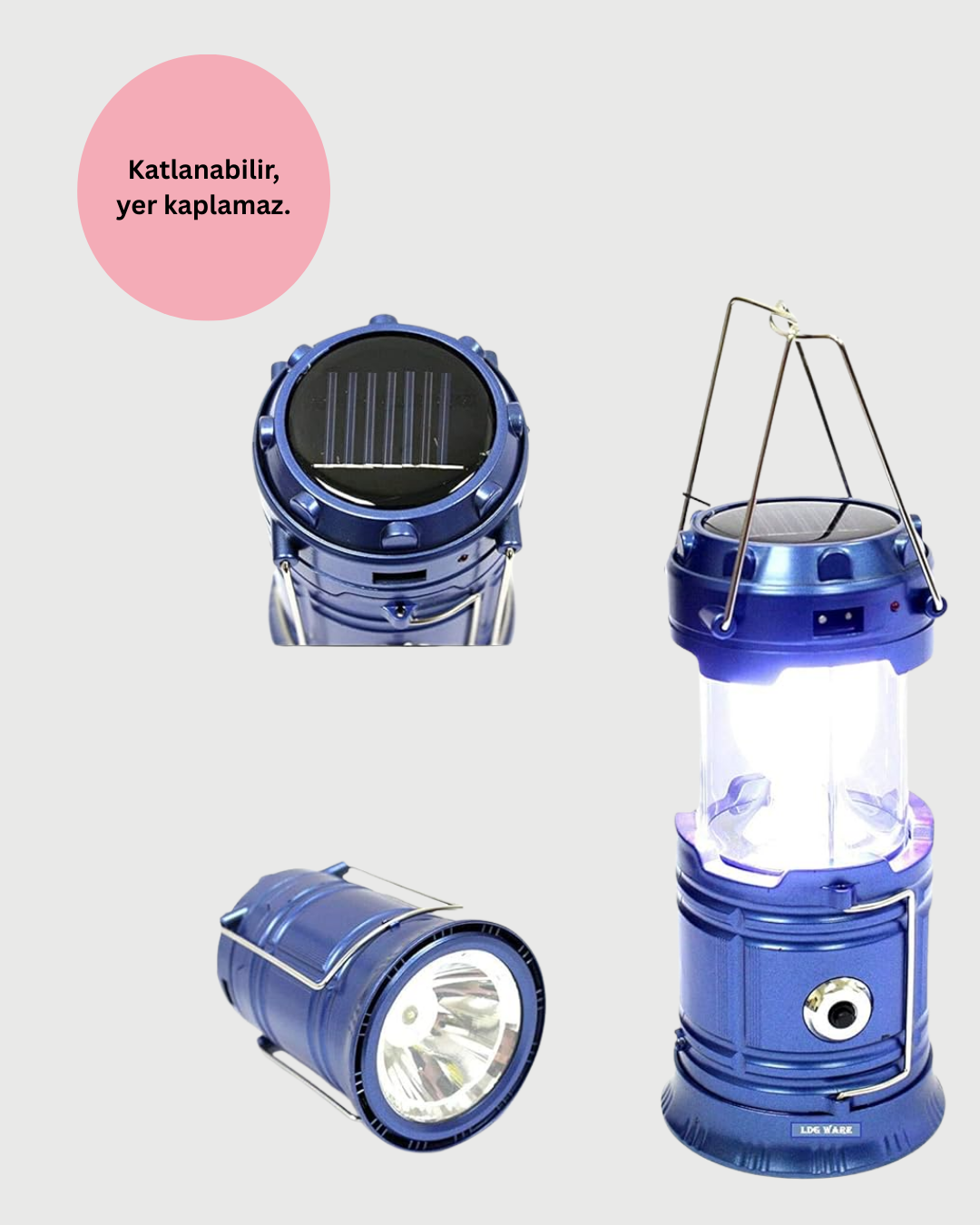 Güneş Enerjili Kızaklı Şarjlı Büyük Boy Kamp Feneri – USB Çıkışlı, Katlanabilir, Çok Fonksiyonlu - Lisinya
