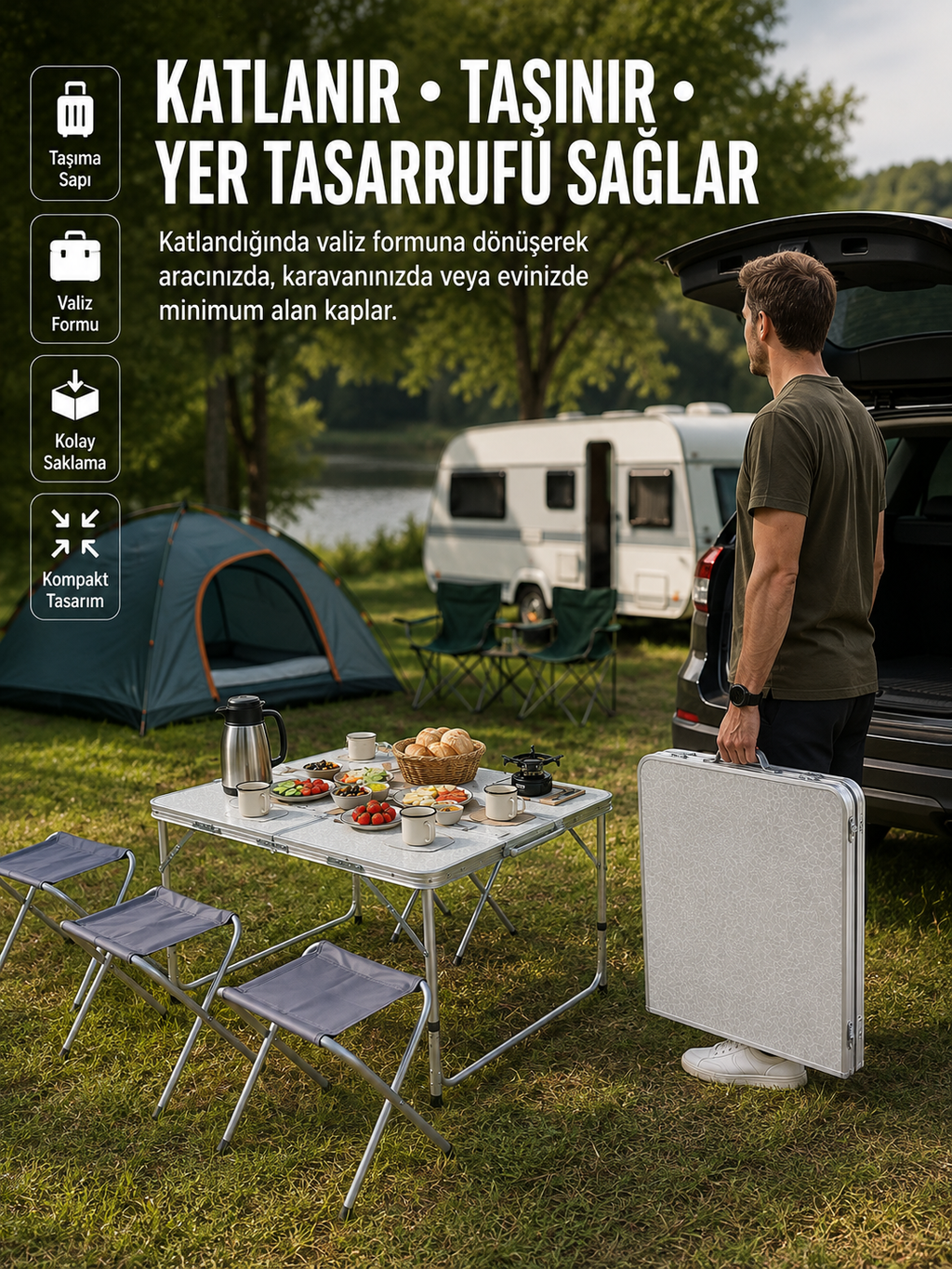 Ayarlanabilir Yükseklikli Kamp ve Piknik Masası 4 Kişilik Katlanabilir Masa Seti - Lisinya