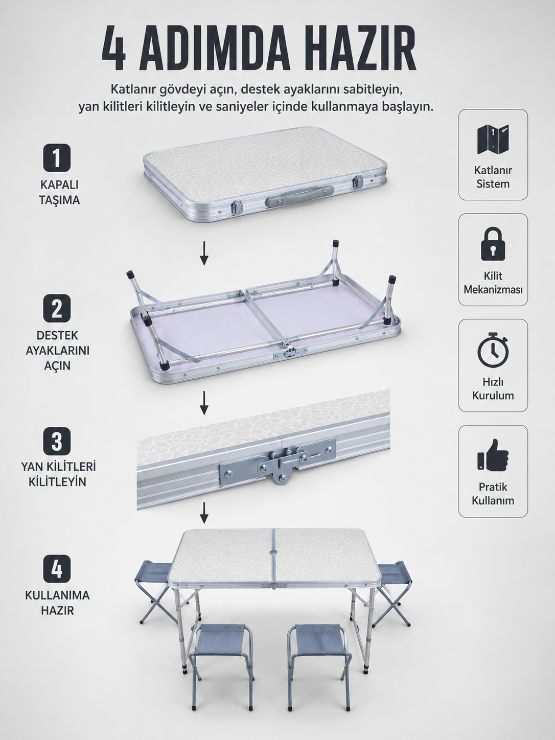 Valiz Tipi Katlanabilir Piknik Masası 4 Tabureli Taşınabilir Kamp Masası - Lisinya