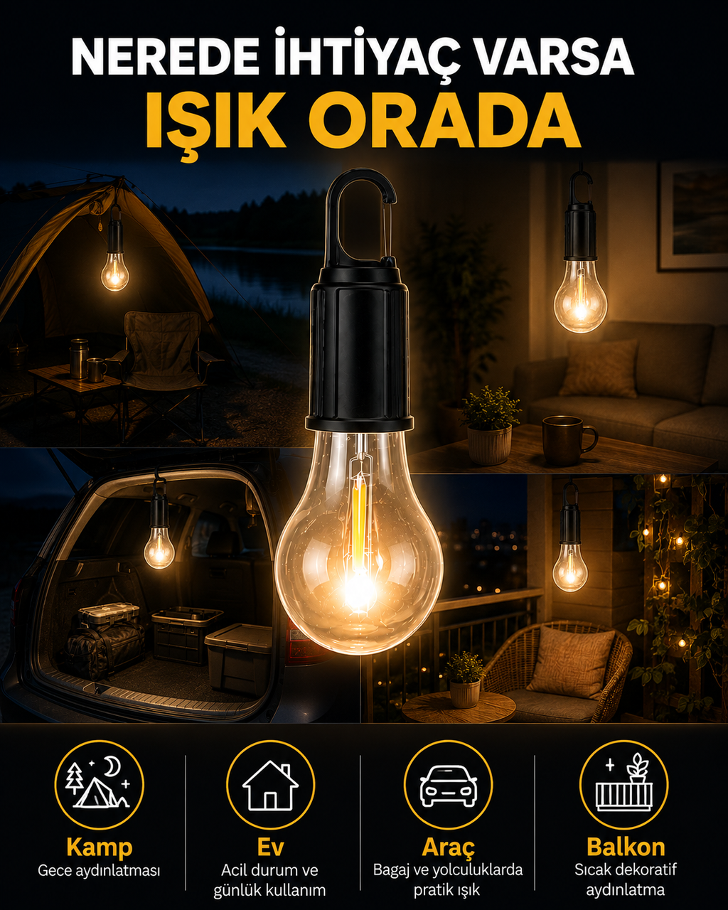 Akıllı Sensörlü USB Şarjlı Kamp Lambası - Lisinya