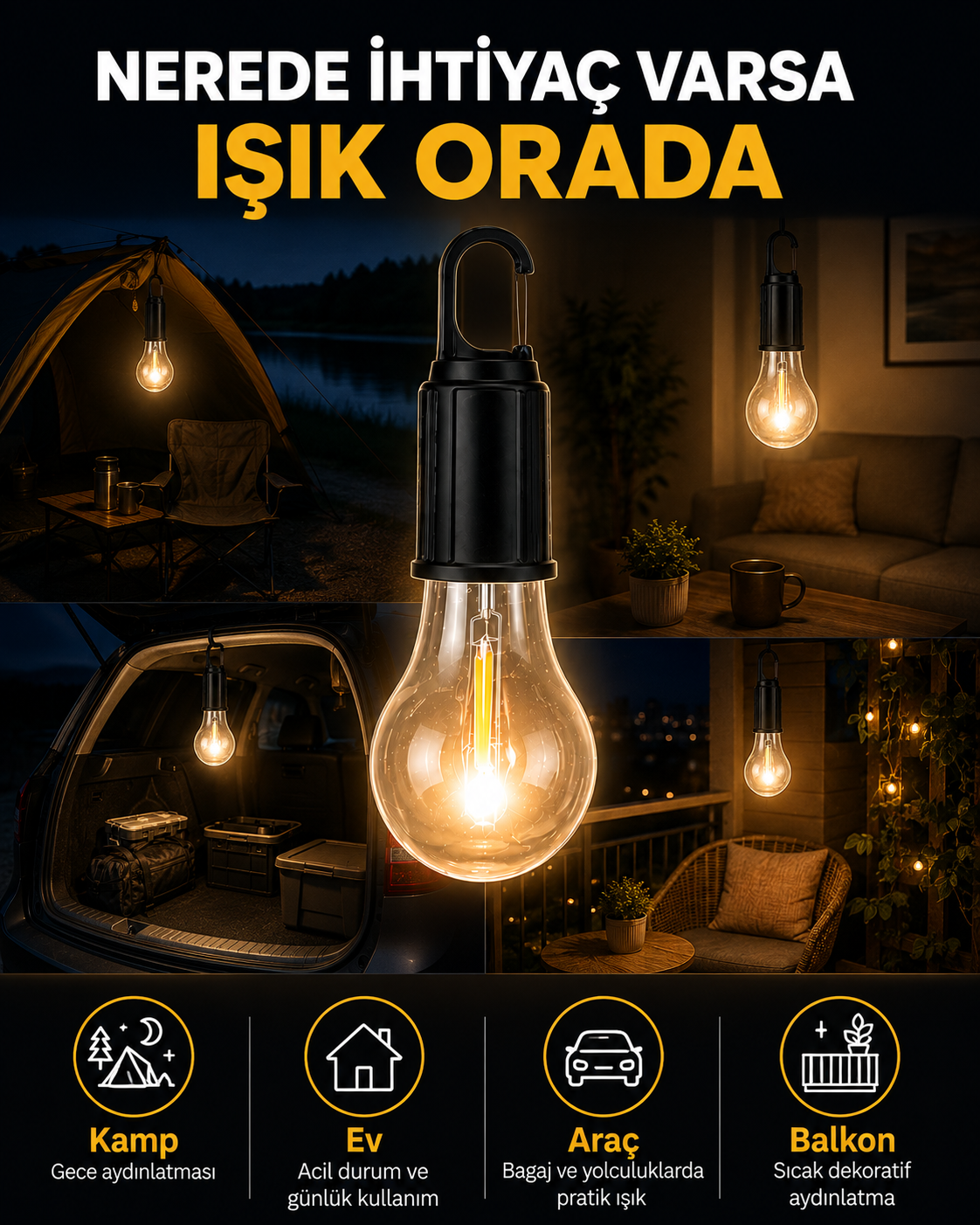 Akıllı Sensörlü USB Şarjlı Kamp Lambası - Lisinya