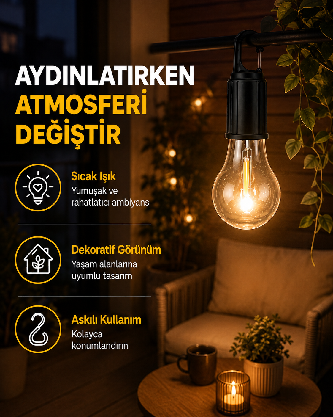 C Tipi Şarjlı Asılabilir Kamp Feneri - Lisinya