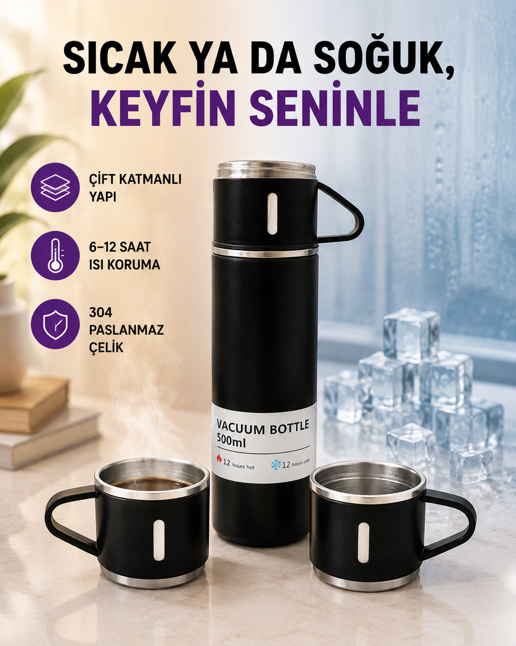 Paslanmaz Çelik Termos Seti | 500 ml Kapasite, 6-12 Saat Isı Koruma, Hediye Kutulu - Lisinya