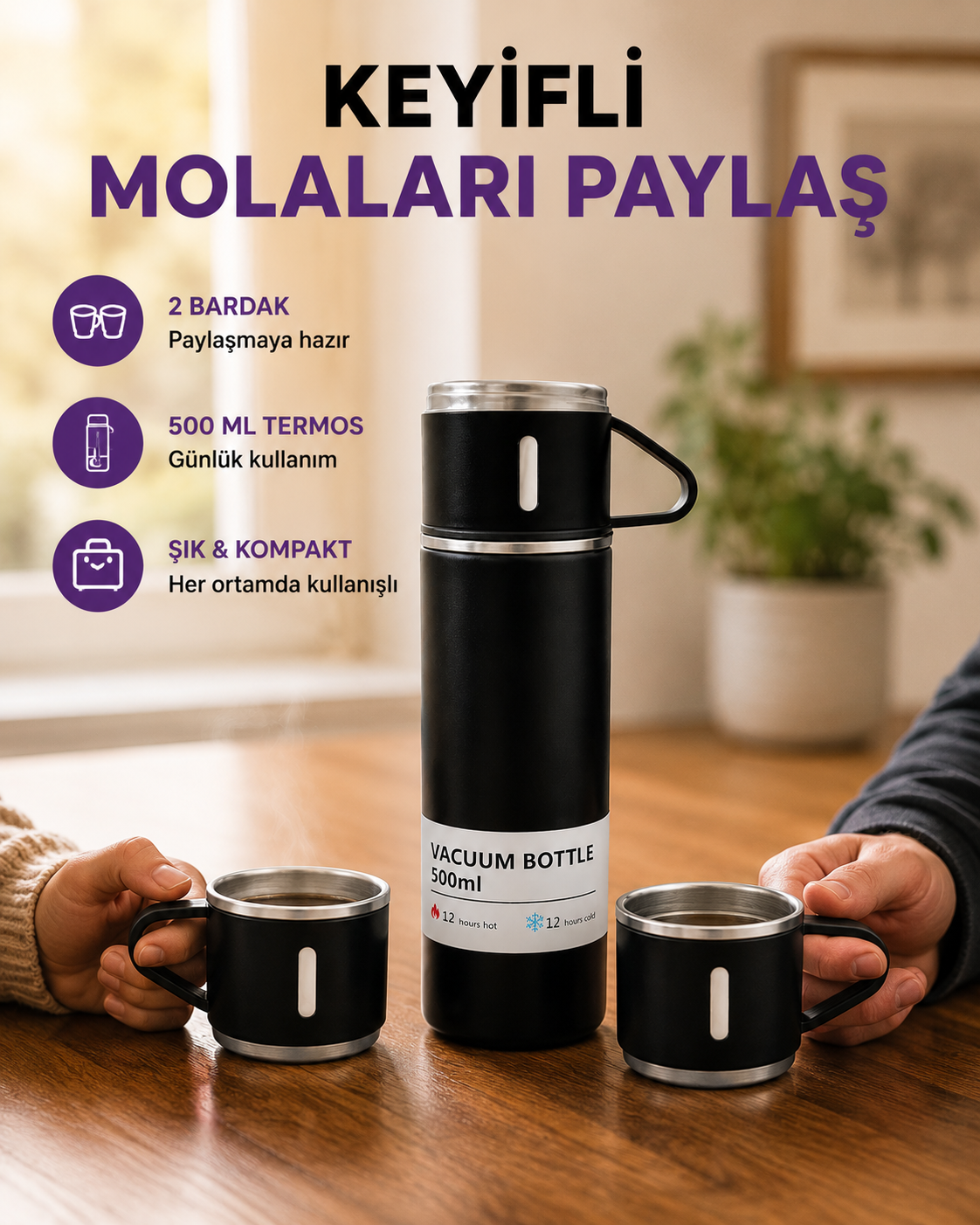 500 ml Isı Korumalı Çelik Termos ve Bardak Seti | Silikon Tabanlı, Şık ve Pratik - Lisinya