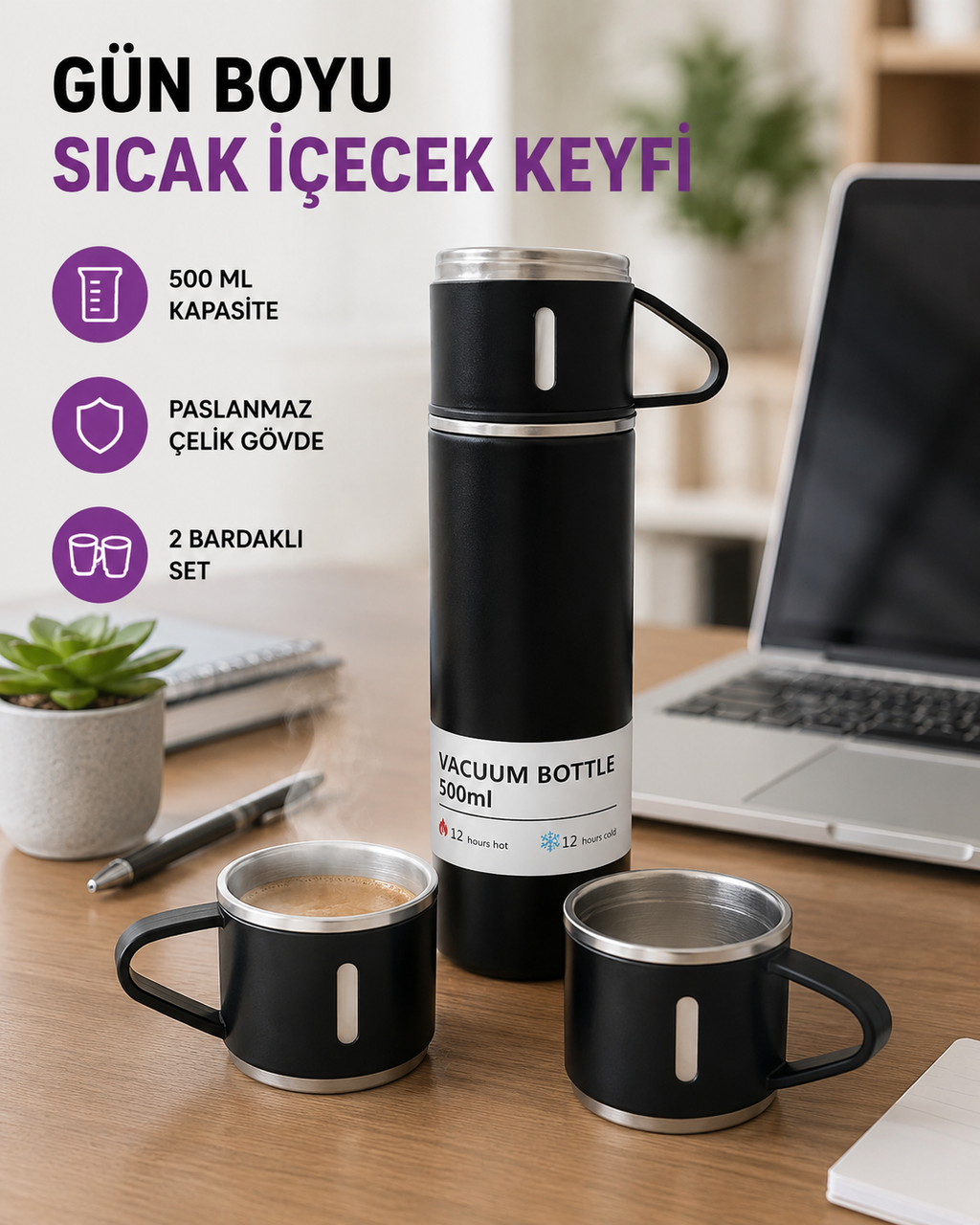 Paslanmaz Çelik 500 ml Termos Seti – 8 Saat Isı Koruma, Vakumlu, Sızdırmaz ve Taşınabilir - Lisinya