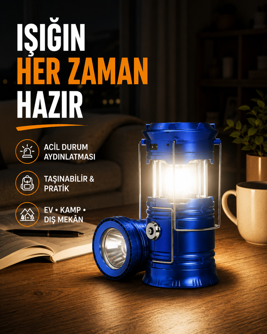 Güneş Enerjili Katlanabilir Kızaklı Kamp Feneri – USB Şarjlı, Çok Yönlü ve Dayanıklı Tasarım - Lisinya