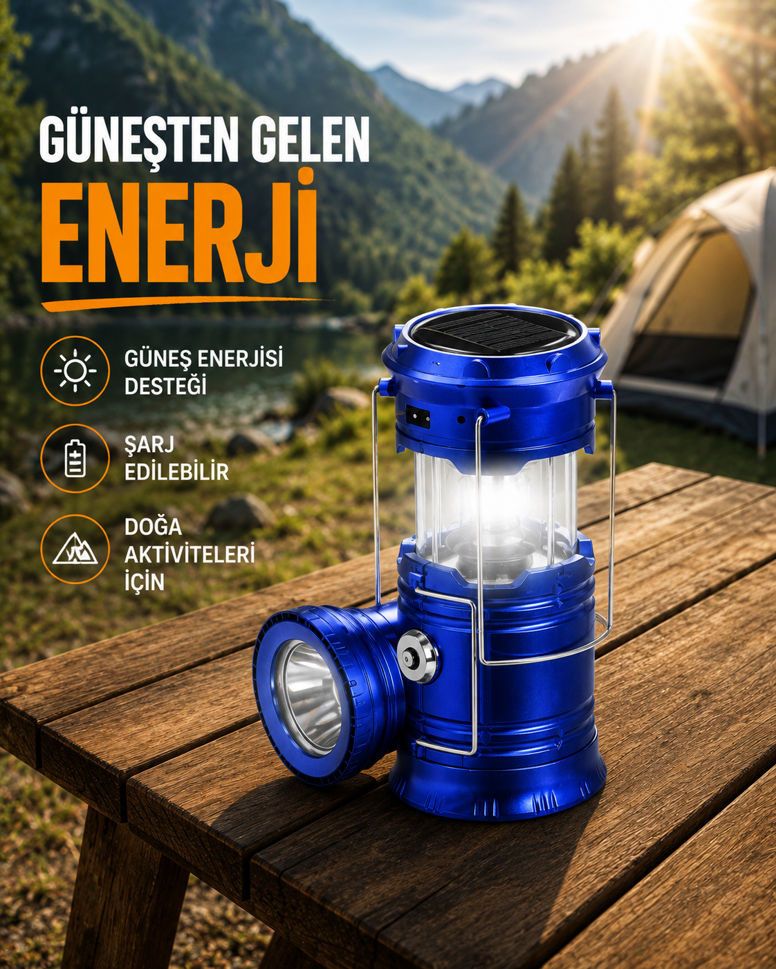 Katlanabilir USB Çıkışlı Kamp Feneri – Şarj Edilebilir, Dayanıklı ve Çok Fonksiyonlu - Lisinya