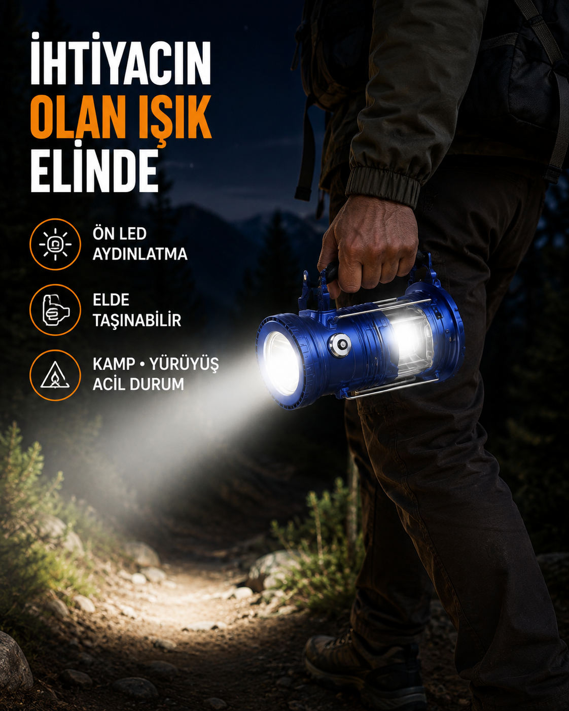 USB Şarjlı Çok Fonksiyonlu Kamp Feneri – Taşınabilir ve Dayanıklı - Lisinya