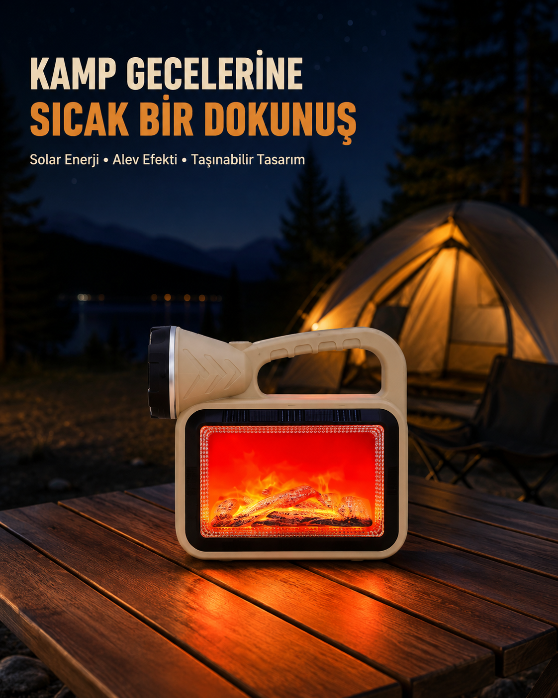 Alev Efektli Solar Lamba COB Işıklı Taşınabilir Bahçe Kamp Aydınlatma - Lisinya