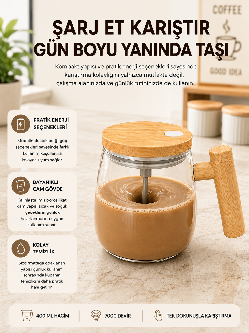 USB Şarjlı Akıllı Karıştırıcı Kupa – Isıtma Altlıklı, IP6 Su Geçirmez Yeni Nesil - Lisinya