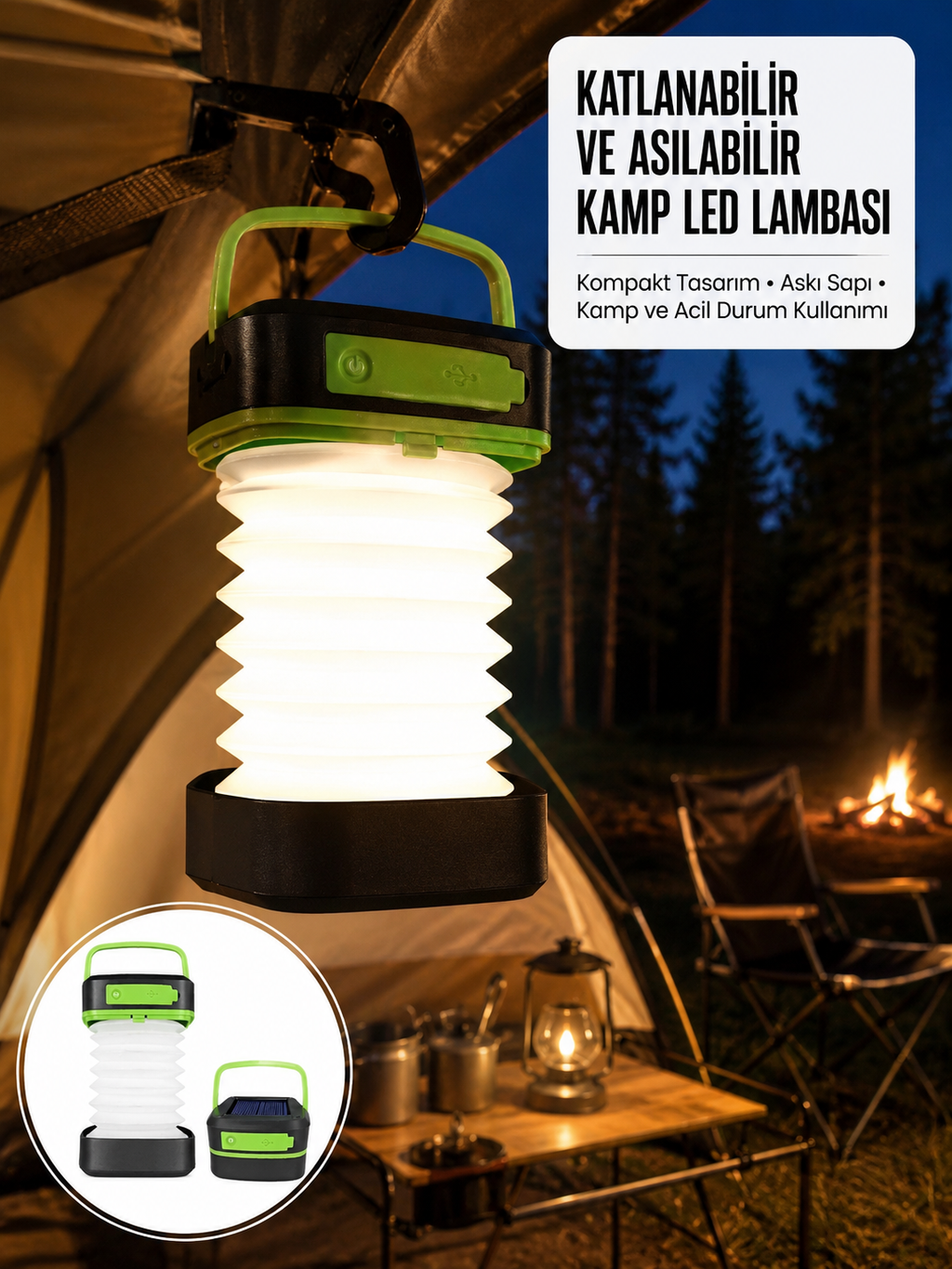 Kamp Lambası Katlanabilir Lamba Solar Şarjlı Led Lamba El Fenerli Yeni Nesil - Lisinya