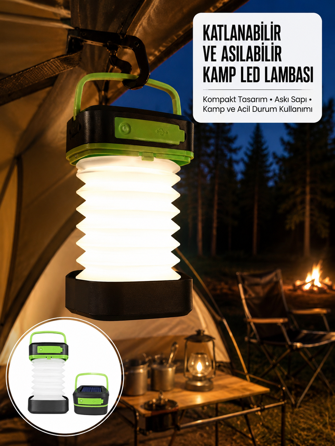 Kamp Lambası Katlanabilir Lamba Solar Şarjlı Led Lamba El Fenerli Yeni Nesil - Lisinya