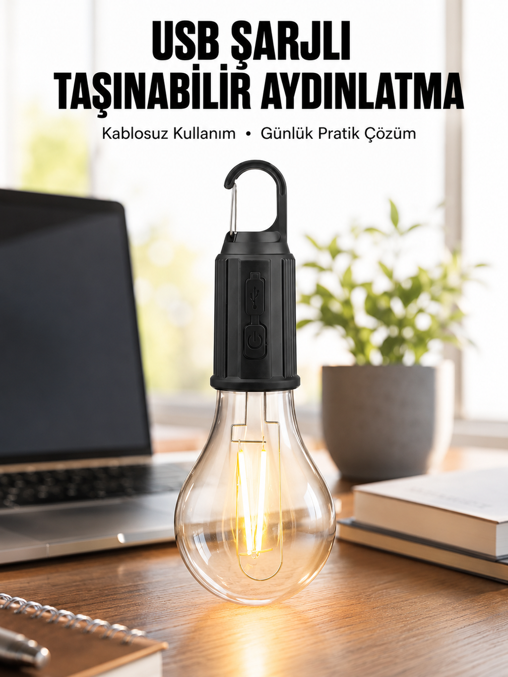 Şarjlı Dekoratif Kamp Lambası Askılı Ampul Led Işık Type-C Girişli - Lisinya