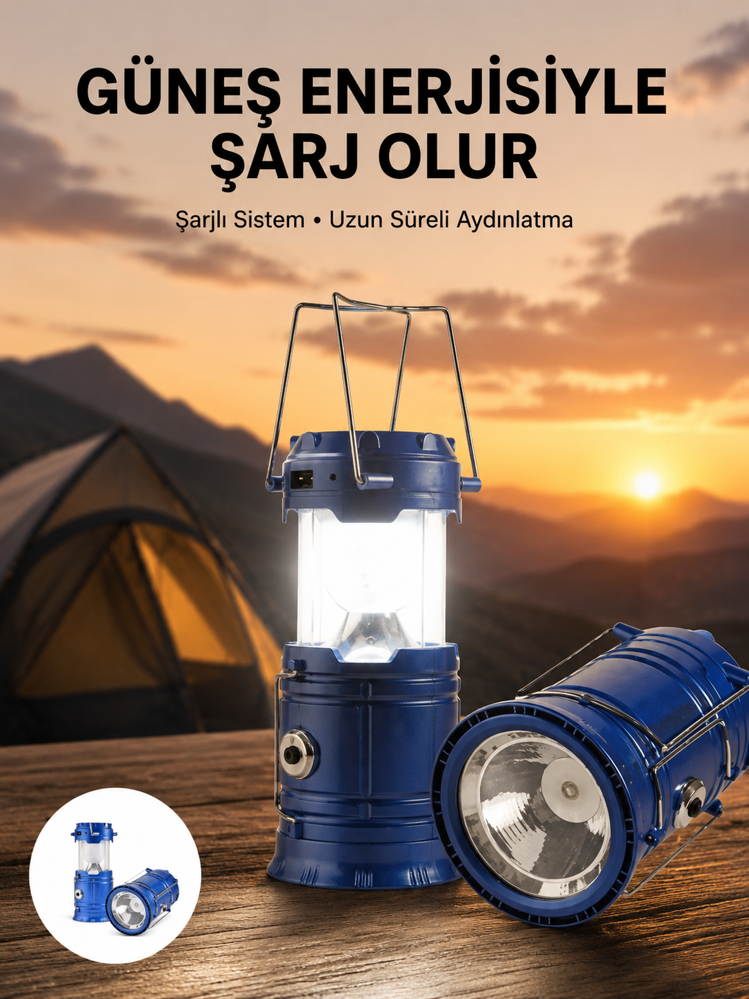 Kamp Feneri Şarj Edilebilir Güneş Enerjili Işıldak USB Şarjlı - Lisinya