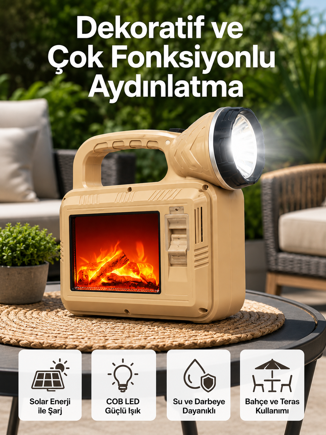 Solar COB Alev Efektli Lamba – Güneş Enerjili, Suya Dayanıklı, Taşınabilir - Lisinya