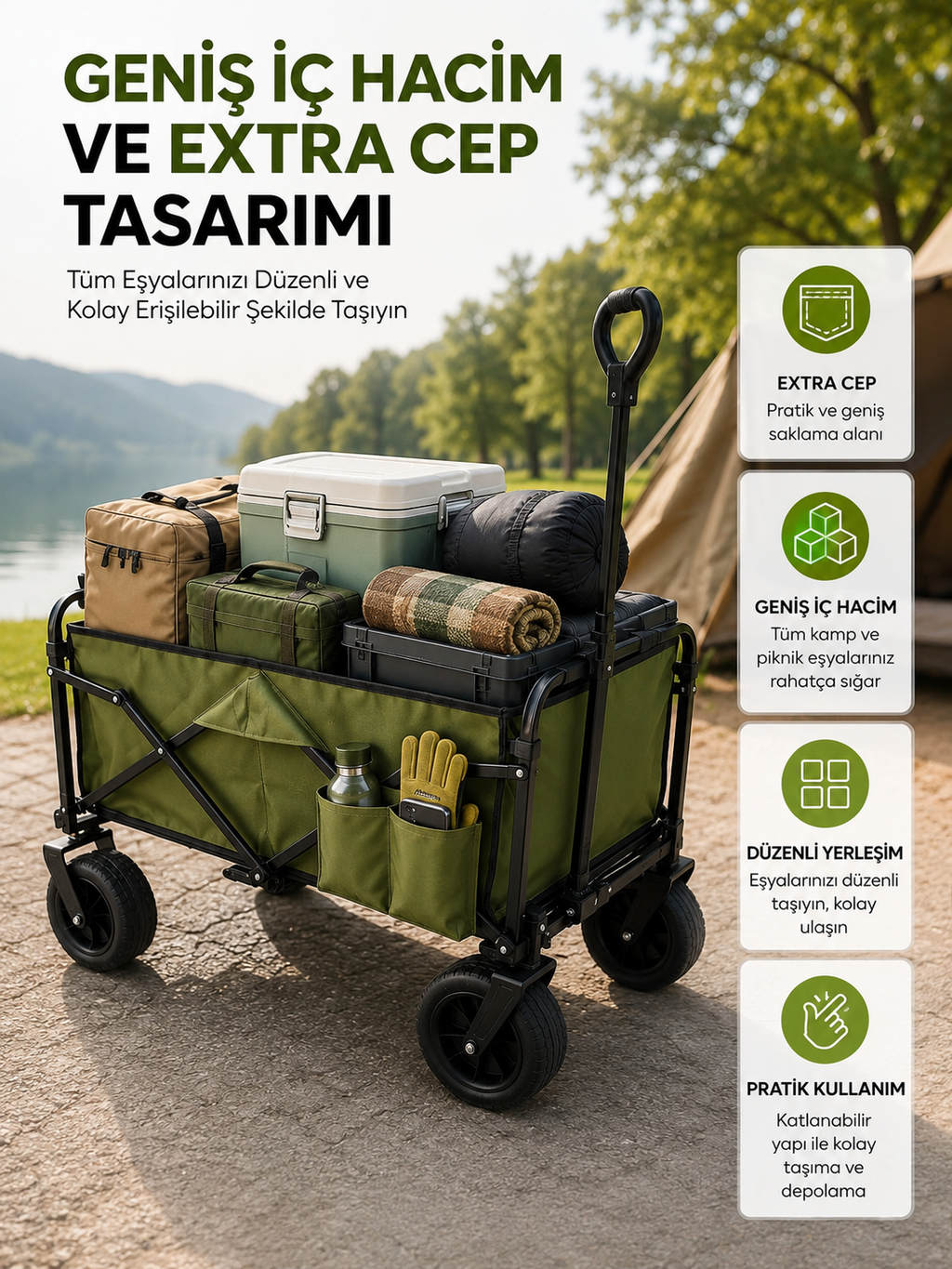 Geniş İç Hacimli Fren Sistemli Katlanabilir Kamp ve Piknik Arabası - Lisinya