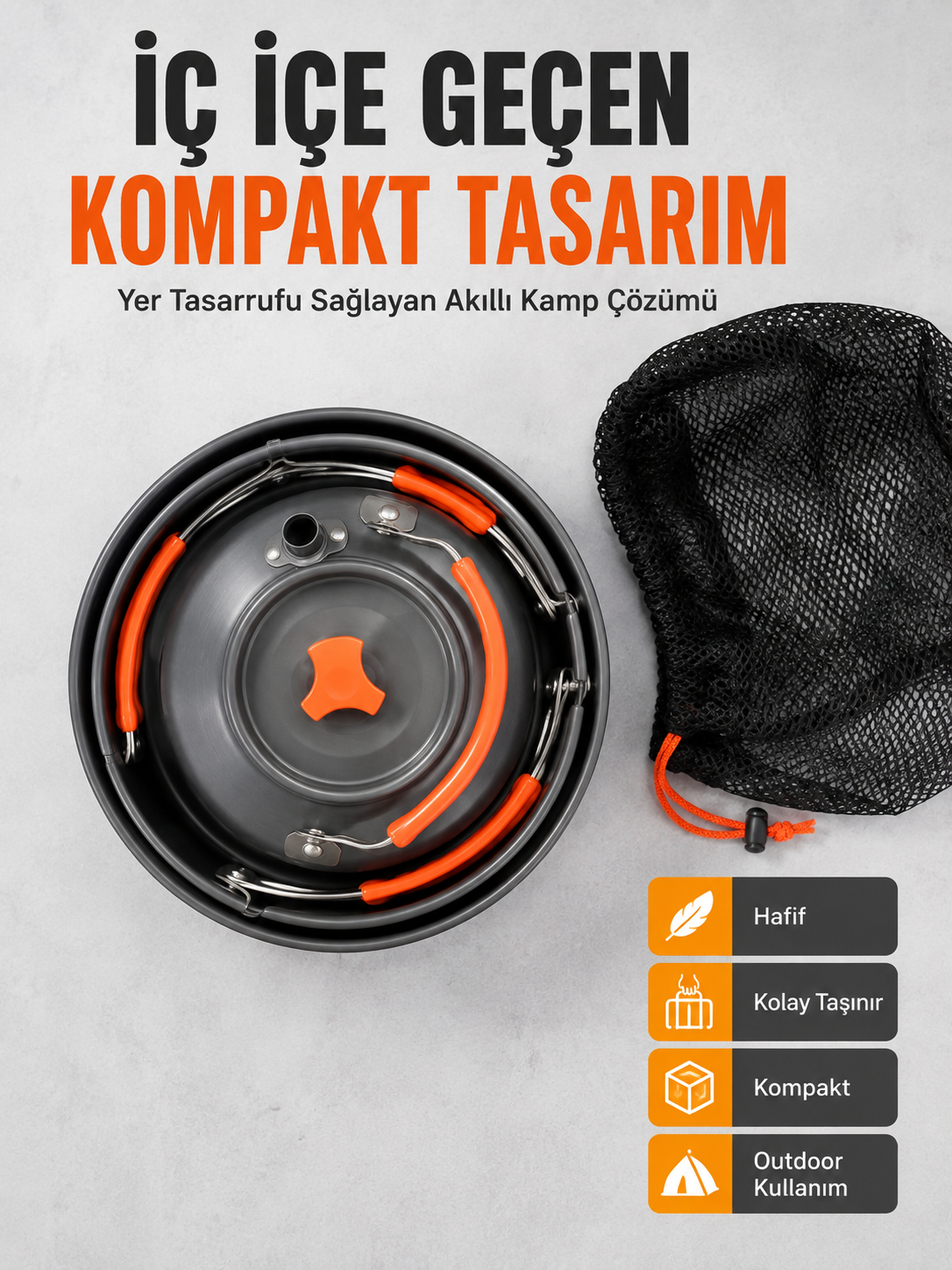 Kompakt Kamp Yemek Seti Alüminyum Tencere Tava Çaydanlık Taşıma Fileli Outdoor Set - Lisinya