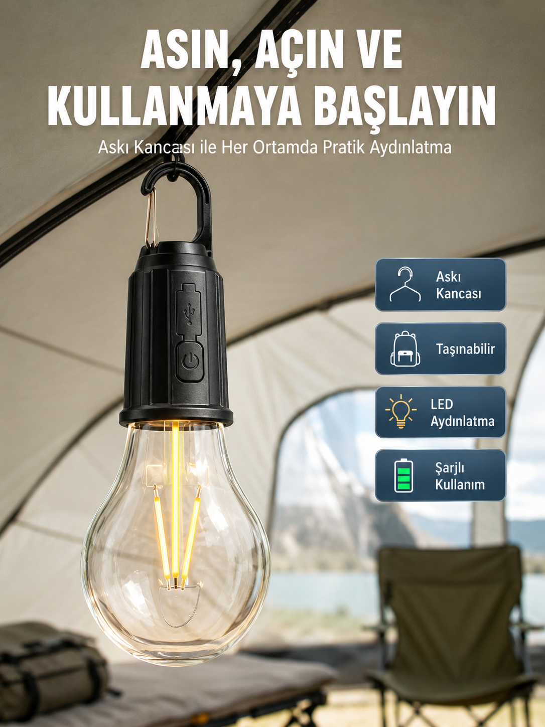 Taşınabilir Şarjlı Led Ampul Askılı Lamba Kamp Bahçe Lambası - Lisinya