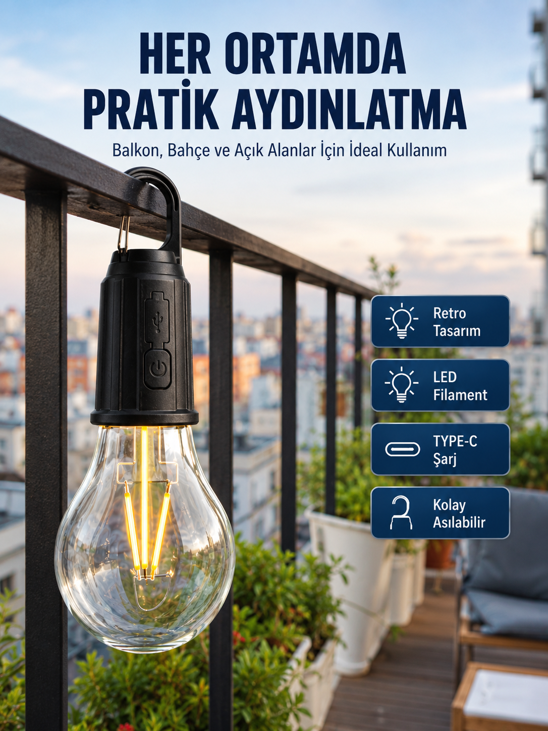 Şarjlı Dekoratif Kamp Lambası Askılı Ampul Led Işık Type-C Girişli - Lisinya