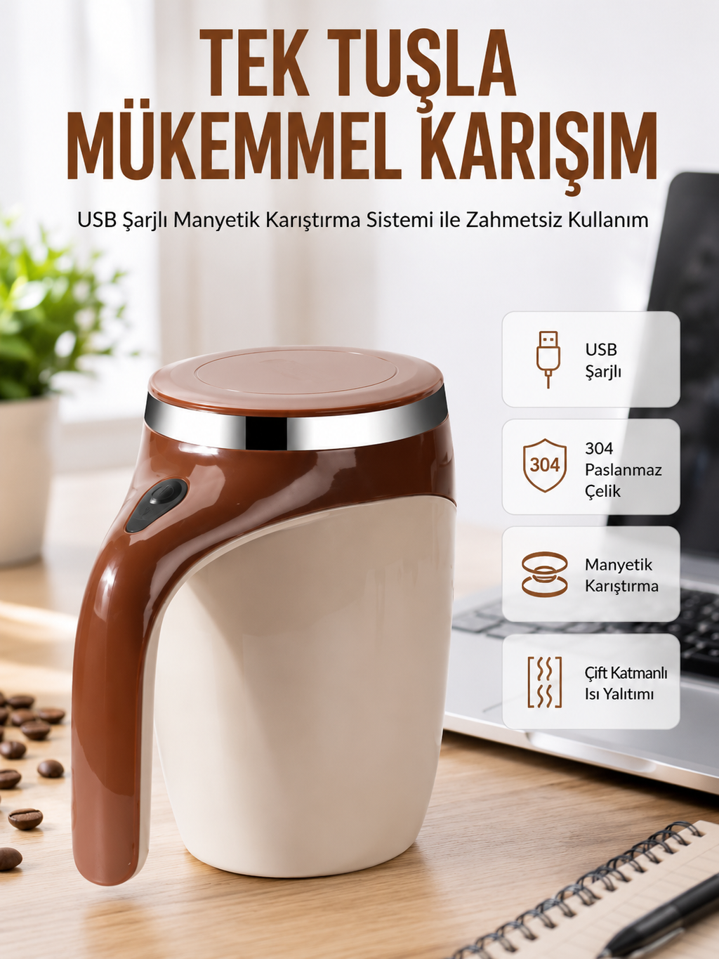 USB Şarjlı Elektrikli Karıştırıcı Kupa – Sıcak & Soğuk İçecekler için - Lisinya