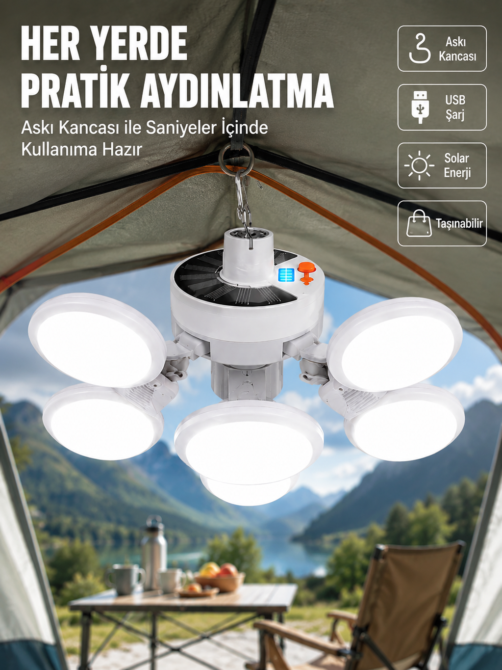 USB ve Solar Şarjlı Katlanabilir 5 Taraflı LED Lamba - Lisinya