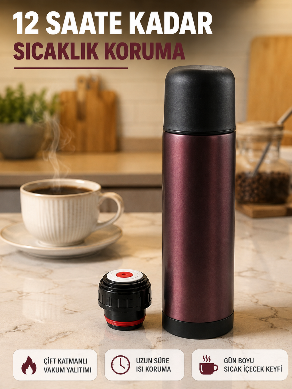 Sızdırmaz Kapaklı Vakumlu Termos Uzun Süre Sıcak Soğuk Tutan Termos - Lisinya