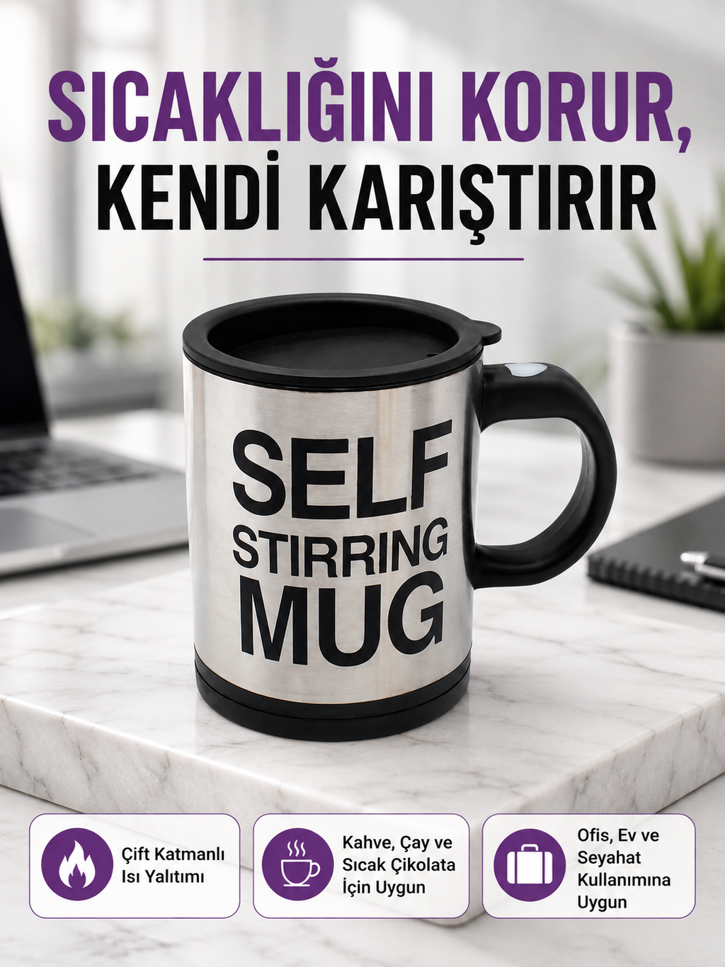 Pratik ve Dayanıklı Termos Kupa | Tek Tuşla Otomatik Karıştırma - Lisinya