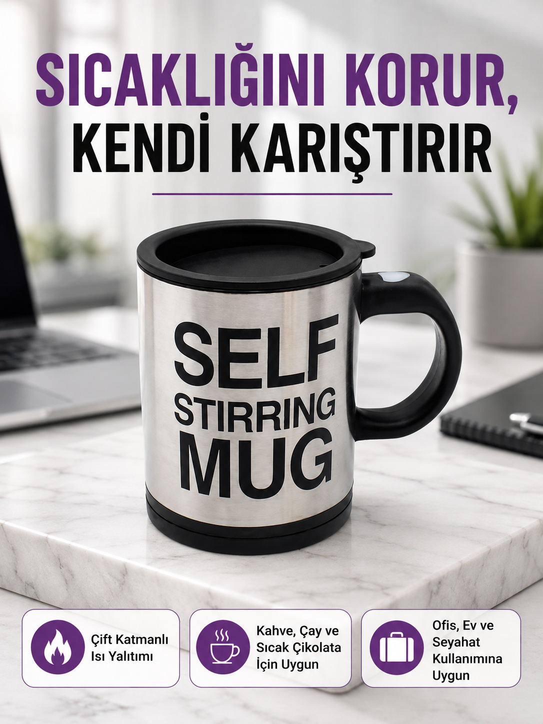 Pratik ve Dayanıklı Termos Kupa | Tek Tuşla Otomatik Karıştırma - Lisinya