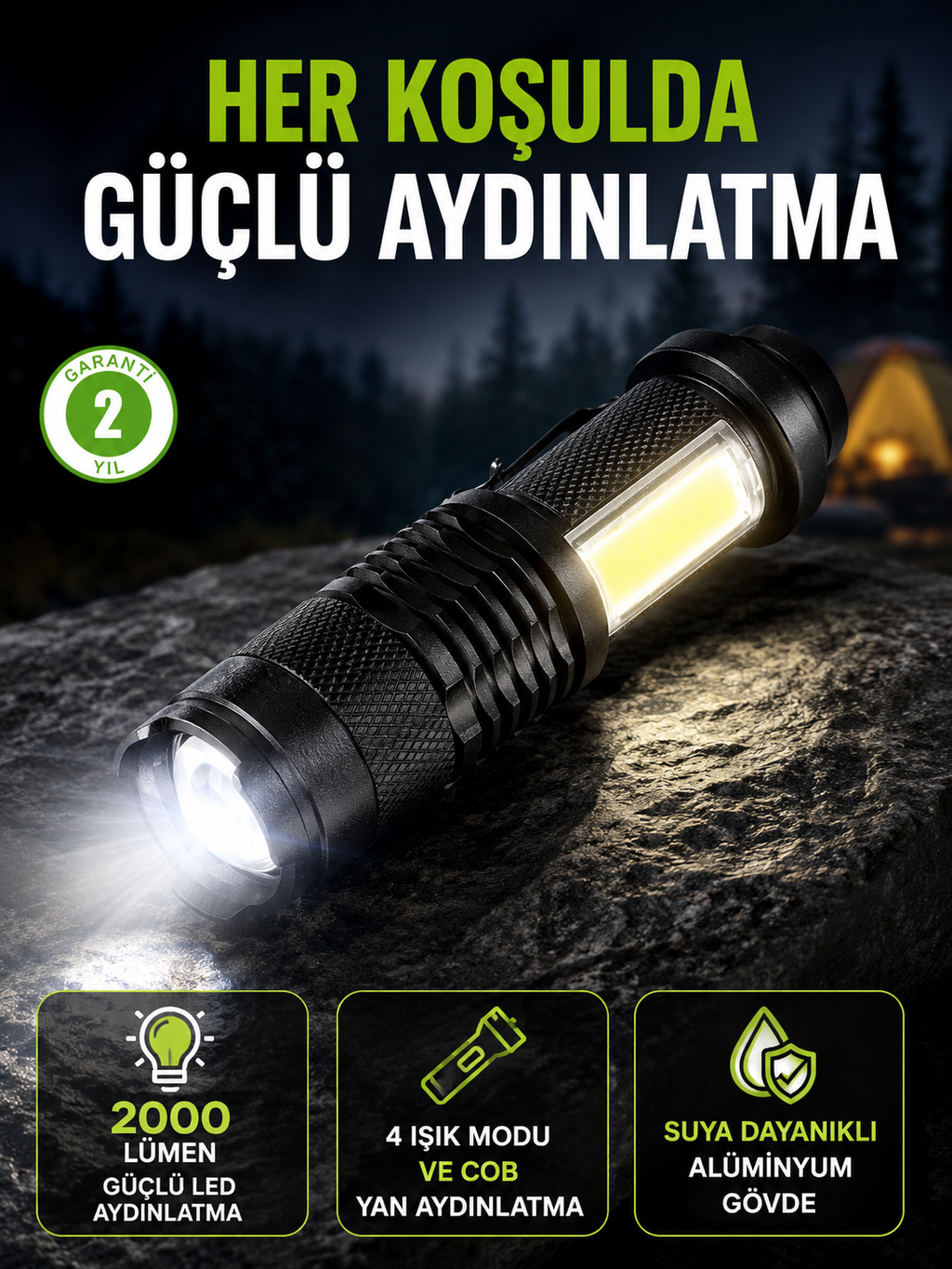 4 Modlu USB Şarjlı LED El Feneri Kamp ve Outdoor - Lisinya