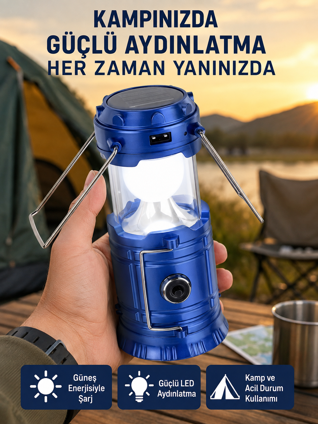 Katlanabilir USB Çıkışlı Kamp Feneri – Şarj Edilebilir, Dayanıklı ve Çok Fonksiyonlu - Lisinya