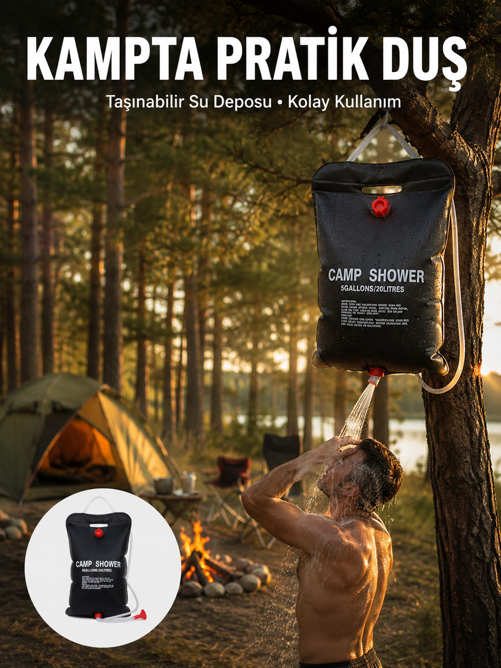 Taşınabilir Kamp Duşu Solar Isıtmalı 20 Litre Su Kapasiteli Hijyen Çözümü Yeni Nesil - Lisinya