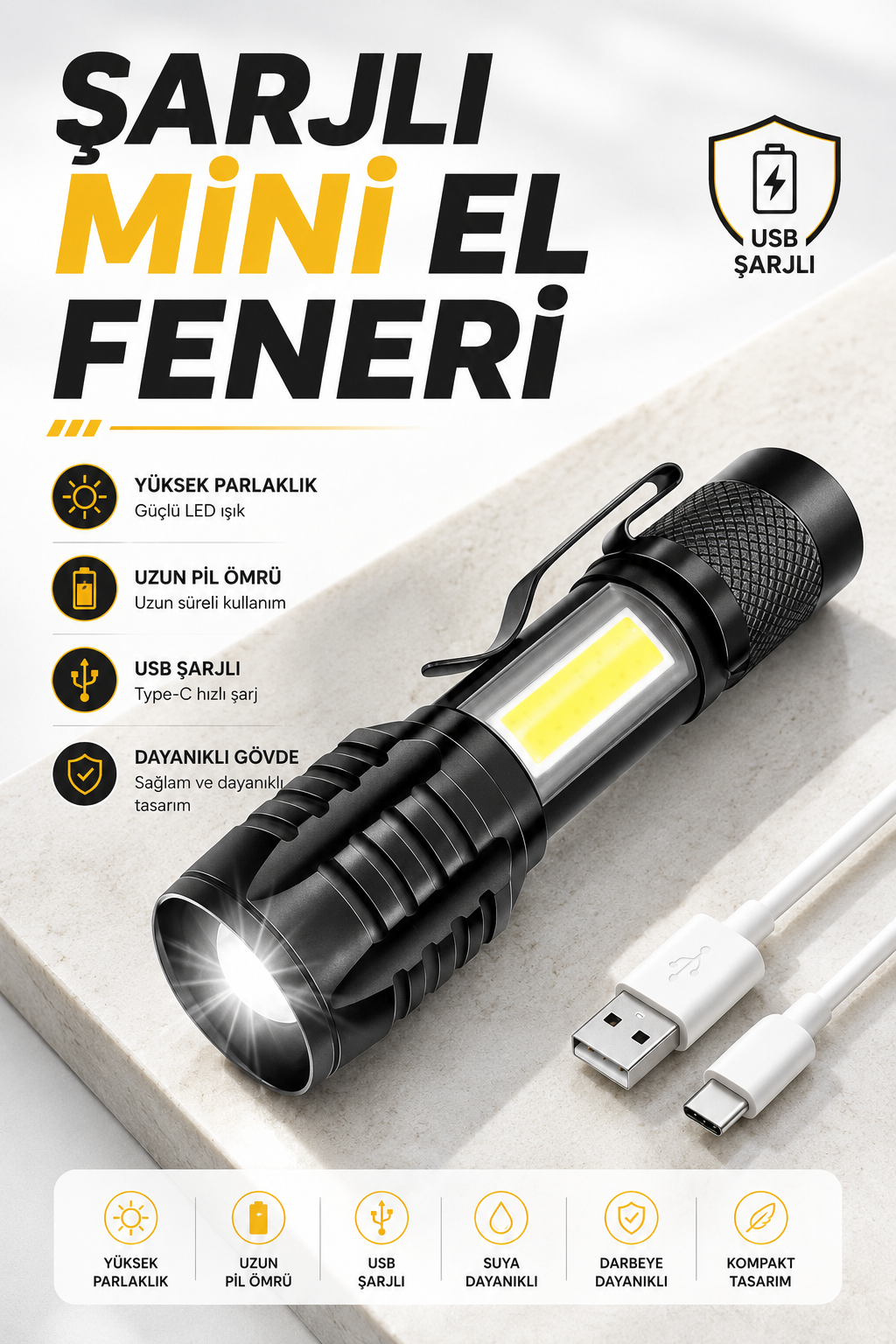 El Feneri Led USB Şarjlı Zoom Mini Led Işık Acil Durum Feneri - Lisinya